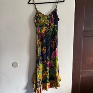 JAMS WORLD | Vintage Hibiscus Forest Midi Length Flounce Dress | Medium Sundress